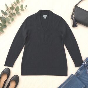 Griffen Cashmere Women Black 100% Cashmere V-Neck Ribbed Inset Sweater Size M